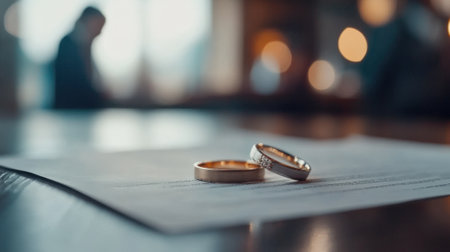 Wedding rings close-up lying on documents. High quality photoの素材