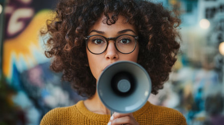 Curly-haired woman close-up using megaphone for announcement. High quality photoの素材