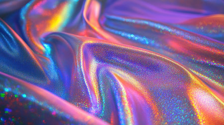 Bright neon holographic shiny fabric close-up. High quality photoの素材