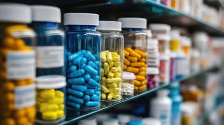 Close-up of pharmacy shelf with various medicines and pills. High quality photoの素材