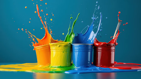 Colorful paint jars with brush in bright design. High quality photoの素材