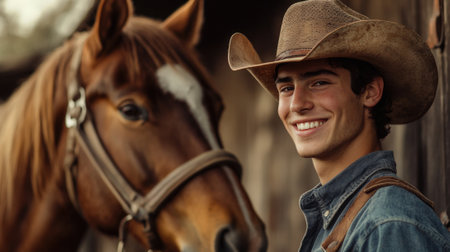 Portrait of cheerful cowboy in hat with horse on ranch background. High quality photoの素材