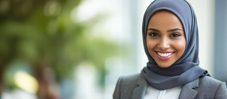 Confident young businesswoman in a hijab smiles. Banner, copy space. High quality photoの素材