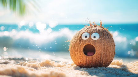 Coconut character with surprised expression on tropical background. High quality photoの素材