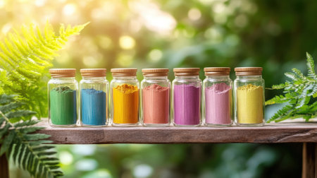Colorful natural pigments in glass jars on wooden shelf. High quality photoの素材