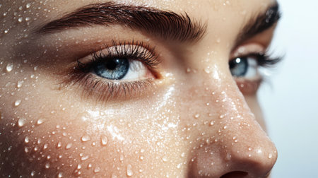 Close-up of woman's face with water droplets. High quality photoの素材