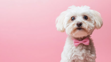 Cute Maltipoo dog with a bow on a pink background. High quality photoの素材