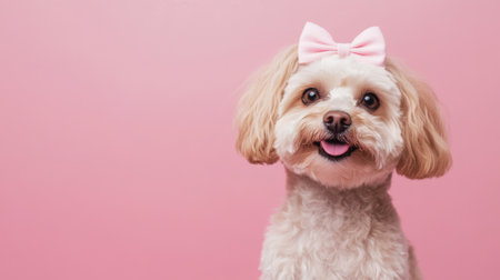 Cute Maltipoo dog with a bow on a pink background. High quality photoの素材