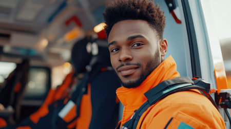 Cute Afro-American man in paramedic suit on ambulance. High quality photoの素材