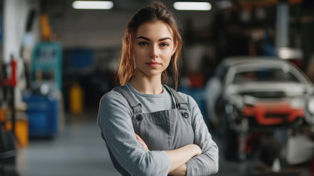 Cute female auto mechanic in gray overalls at car repair. High quality photoの素材