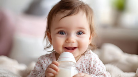Cute baby girl smiles holding milk bottle. High quality photoの素材