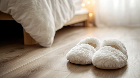 Cozy scene with fluffy white slippers placed near bed. High quality photoの素材