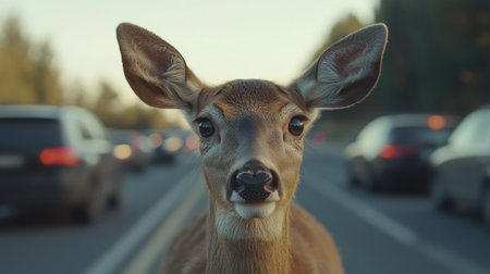 Deer looking straight ahead close-up on highway with cars in background. High quality photoの素材