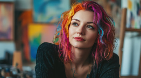 Creative woman with colorful hair close-up in art studio. High quality photoの素材