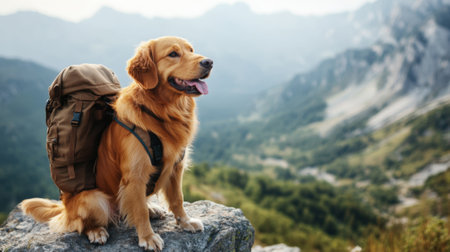 Cute dog in a backpack on a stone against the mountains. High quality photoの素材