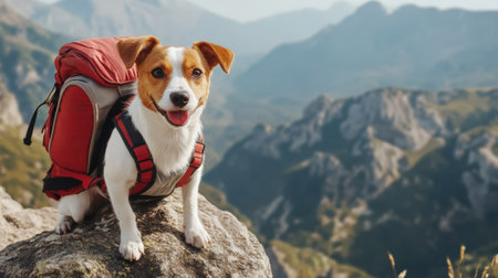 Cute dog in a backpack on a stone against the mountains. High quality photoの素材