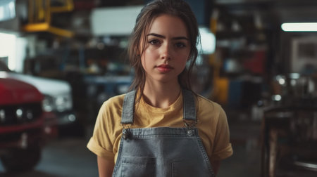 Cute female auto mechanic in gray overalls at car repair. High quality photoの素材