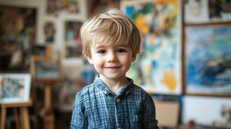 Creative happy little boy close-up in Art Studio. High quality photoの素材