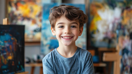 Creative happy little boy close-up in Art Studio. High quality photoの素材