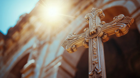 Cross on church dome close-up on sunny day. High quality photoの素材