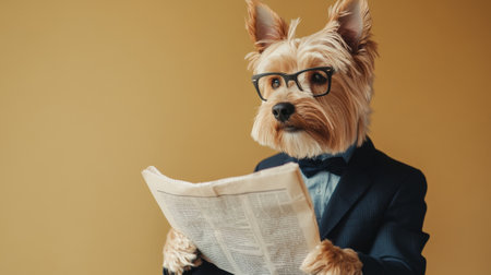 Dog in business suit and glasses reading newspaper on yellow background with copy space. High quality photoの素材