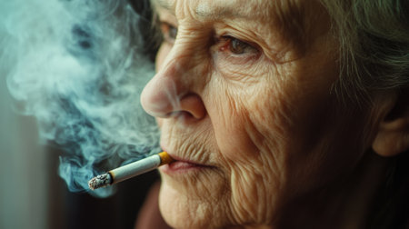 Elderly woman smoking a cigarette in an apartment close-up. High quality photoの素材