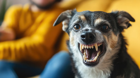 Dog shows teeth angry in apartment against human background. High quality photoの素材