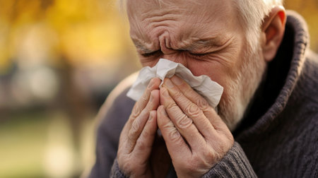 Elderly man sneezing into handkerchief due to allergy. High quality photoの素材