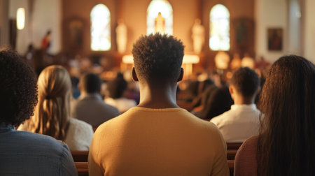 Diverse congregation gathered in church. High quality photoの素材