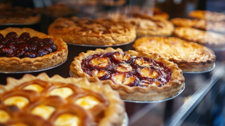 Delicious fruit pies with cream on display in a bakery. High quality photoの素材