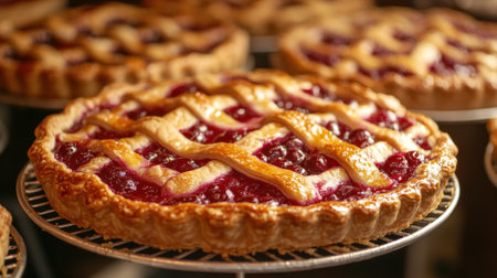 Delicious cherry pies on display in bakery close-up. High quality photoの素材