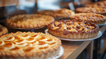 Delicious fruit pies with cream on display in a bakery. High quality photoの素材