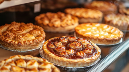 Delicious fruit pies with cream on display in a bakery. High quality photoの素材
