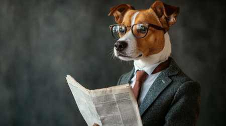 Dog in business suit and glasses reading newspaper on neutral background with copy space. High quality photoの素材