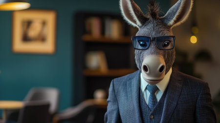 Donkey head in business suit and jacket against office background. High quality photoの素材