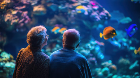 Elderly couple gazing at a vibrant aquarium illuminated. High quality photoの素材