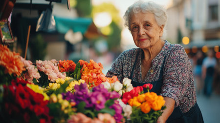 Elderly woman selling flowers on city street. High quality photoの素材