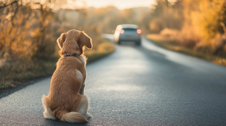 Dog sitting on road watching departing car, rear view. High quality photoの素材