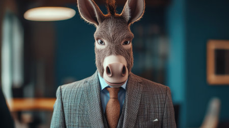 Donkey head in business suit and jacket against office background. High quality photoの素材