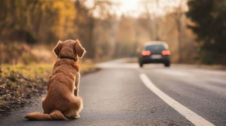 Dog sitting on road watching departing car, rear view. High quality photoの素材