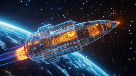 Digital rocket orbits Earth in space. Wireframe cosmos. High quality photoの素材
