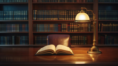 Elegant table setup with glowing lamp and open book. High quality photoの素材