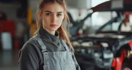 Female auto mechanic in gray overalls in car workshop. High quality photoの素材