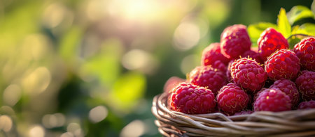 Fresh ripe raspberries in rustic basket. Banner, copy space. High quality photoの素材