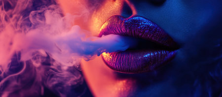 Female lips against nightclub background with smoke close-up. High quality photoの素材