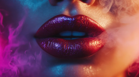 Female lips against nightclub background with smoke close-up. High quality photoの素材