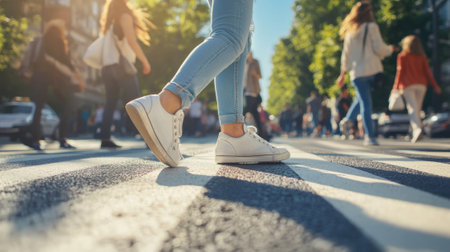Legs of people in sneakers and jeans crossing pedestrian crossing. High quality photoの素材
