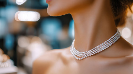 Expensive jewelry on girl's neck against jewelry store background. High quality photoの素材