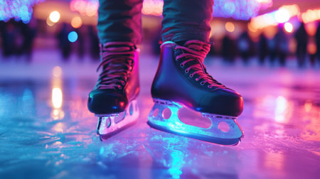 Legs in winter, skates close-up on ice in neon light. High quality photoの素材