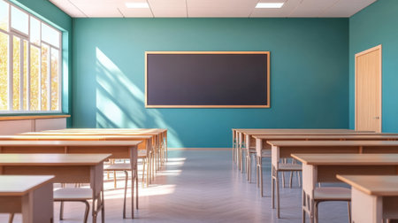 Empty clean classroom with wooden desks and blackboard. High quality photoの素材